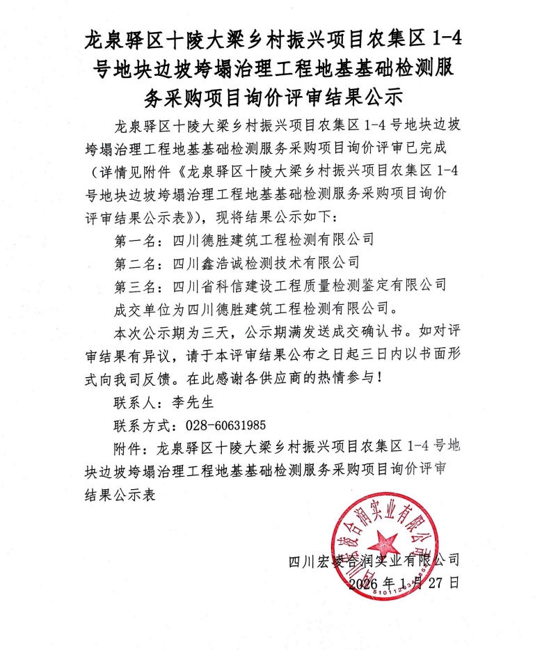 龙泉驿区十陵大梁乡村振兴项目农集区1-4号地块边坡垮塌治理工程地基基础检测服务采购项目询价评审结果公示